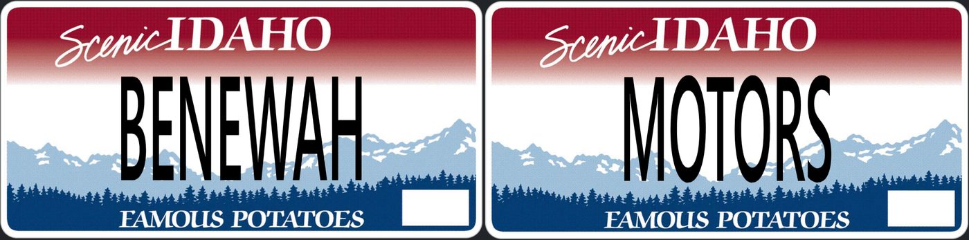 Scenic Idaho license plates reading BENEWAH MOTORS